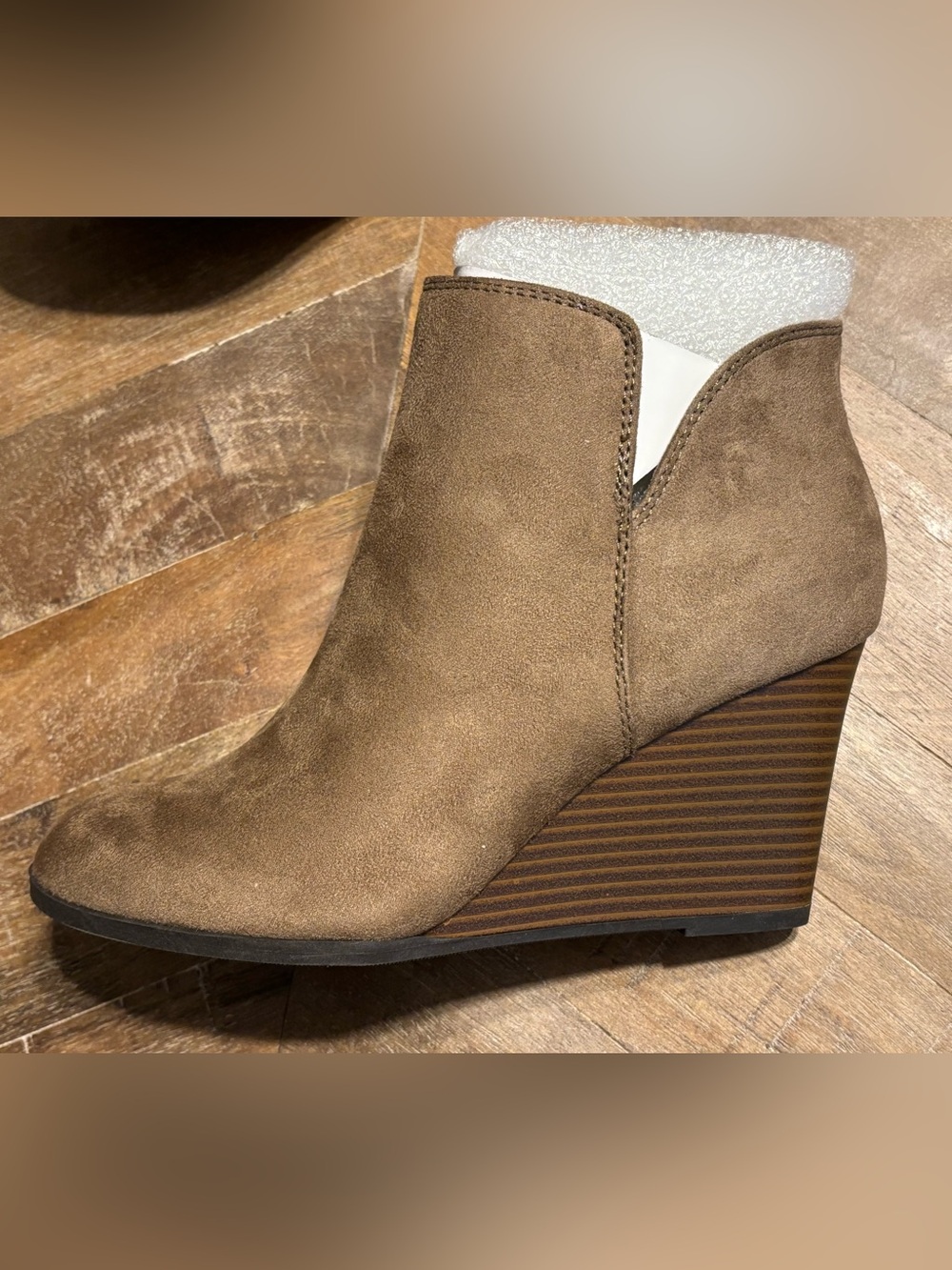 NEW IN BOX by Soda - Brown/Taupe Wedge Ankle Booties with Side Zipper - Picture 11 of 16